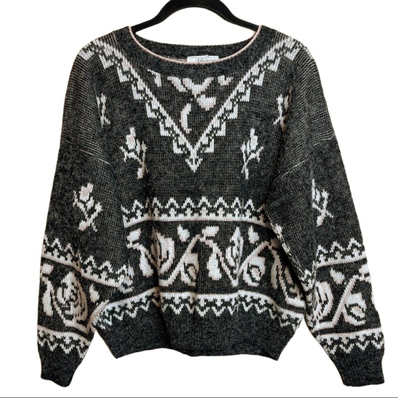 Vintage 90s Floral Baby Pink Gray Knit Oversized Sweater - Picture 1 of 6